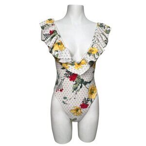 Unbranded Polka Dot Plunging Neckline Ruffle Floral Swimsuit
